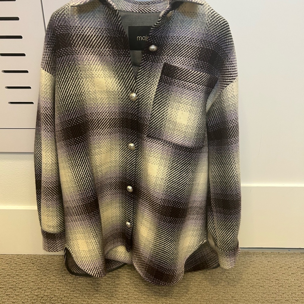 Maje Purple and Cream Plaid Button-Down Shirt Jacket